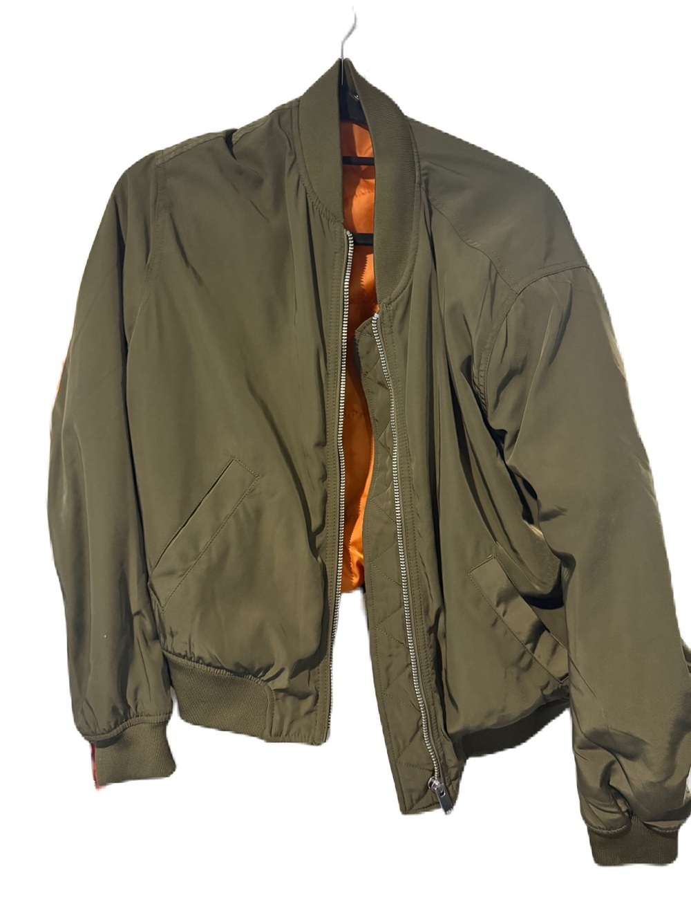 Olive Green Bomber Jacket with Orange Lining - l